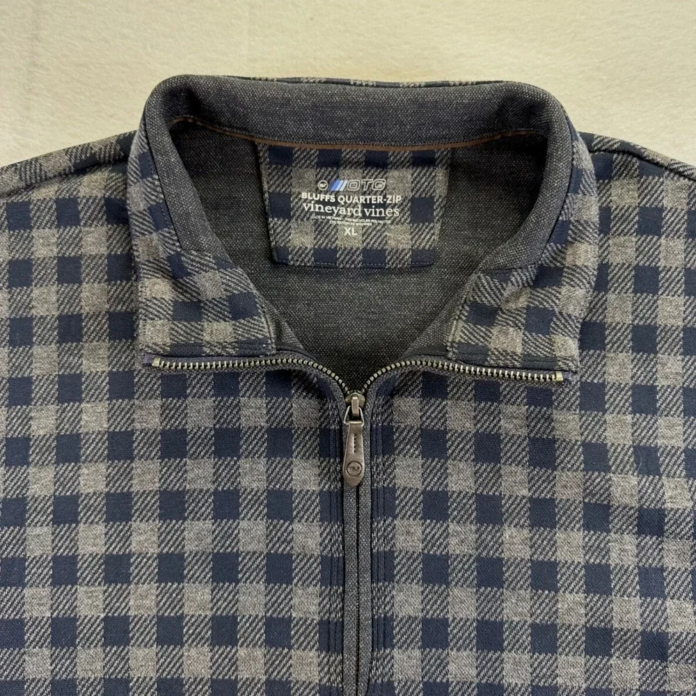 Vineyard Vines OTG Bluffs Quarter-Zip Pullover Navy Grey Gingham Mens XL Preppy